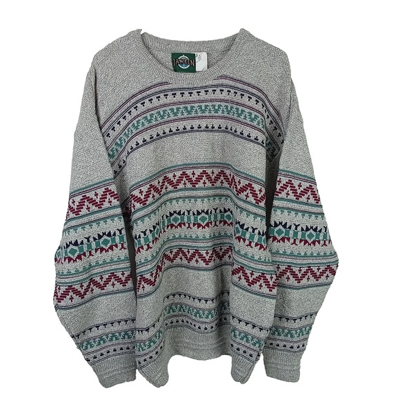 Vintage Jantzen Men's Knit Grandpa Sweater LT Gray Crewneck Aztec 90s USA Made - Picture 1 of 8